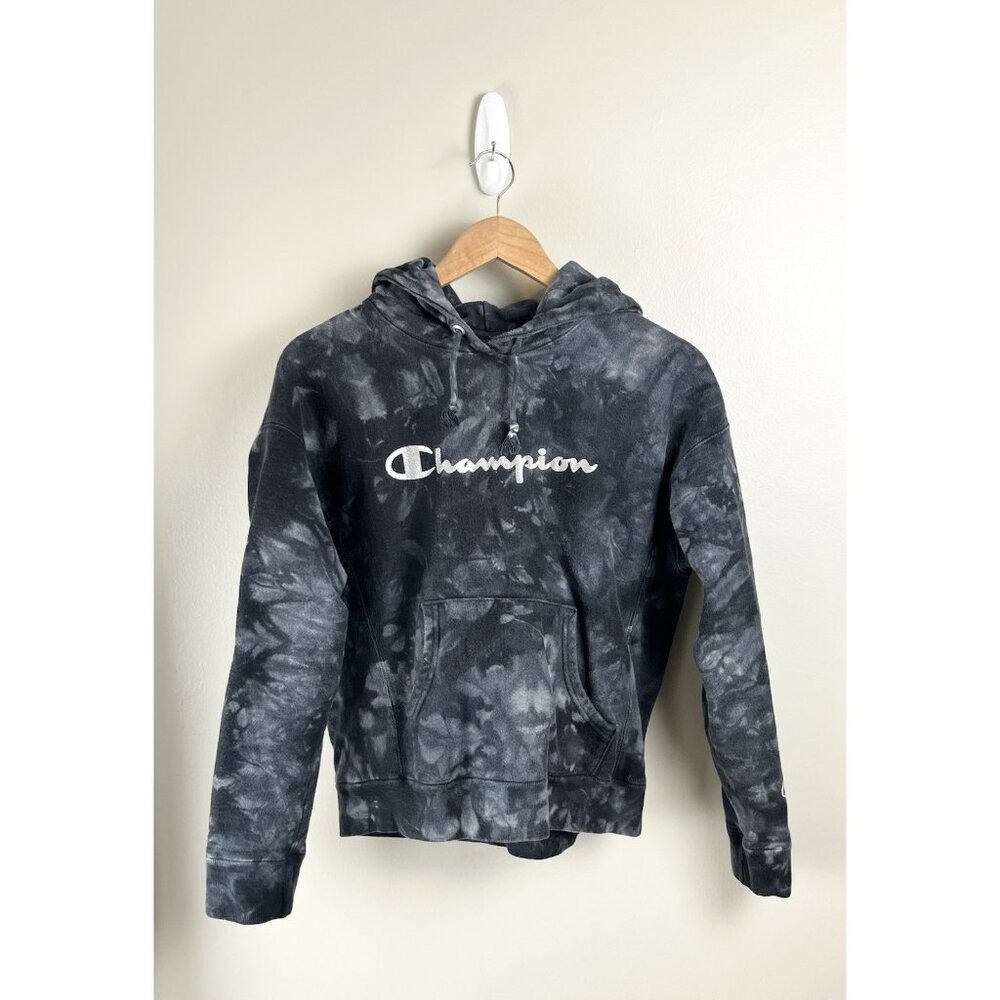 Champion Reverse Weave Kids Sz M Black Acid Tie‎ Dye Logo Hoodie Sweatshirt